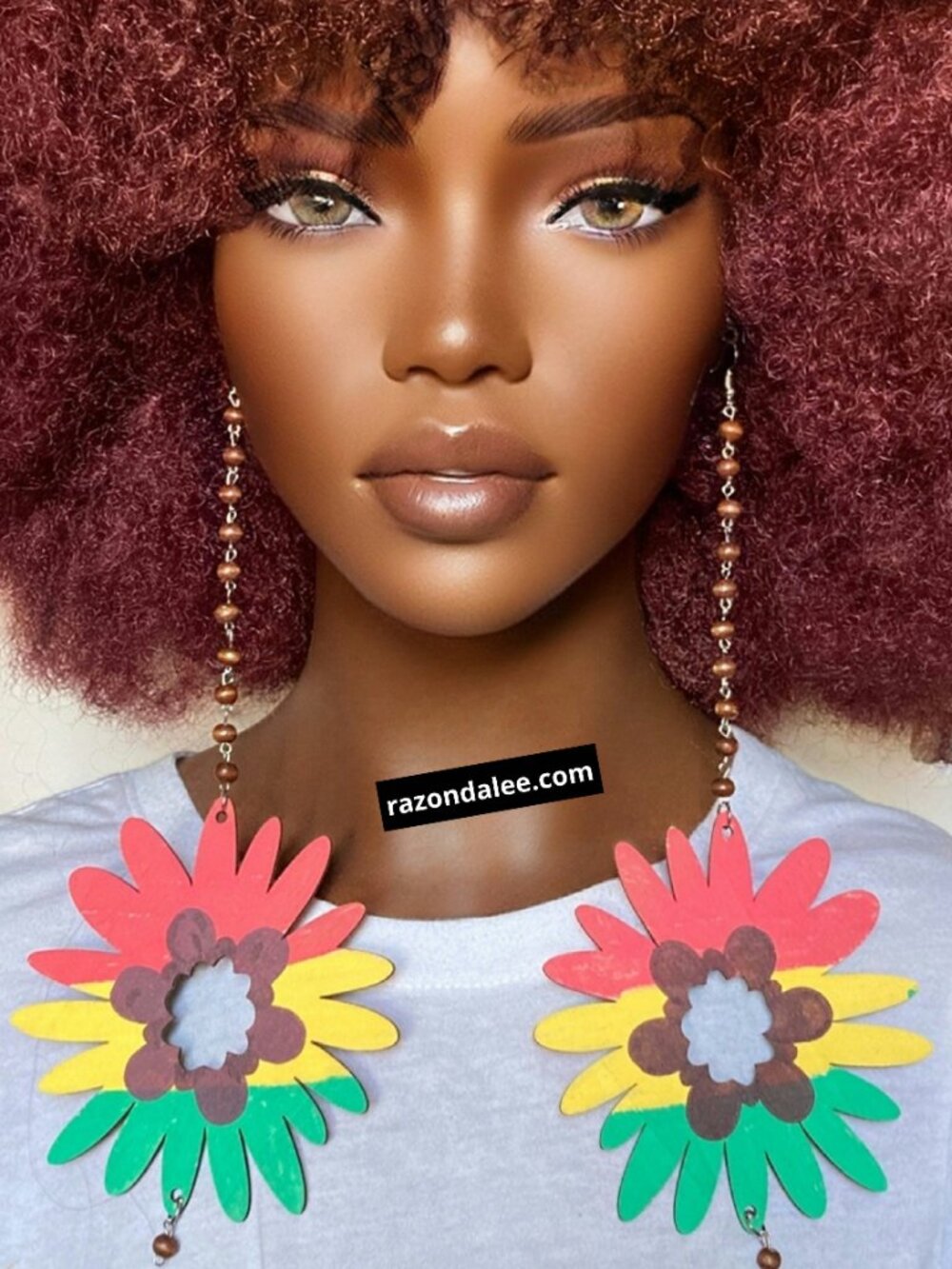 Elongated Wooden Dangle Earrings Rasta Flowers by Razonda Lee